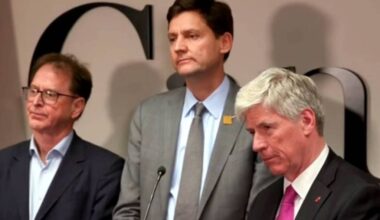 From left: B.C. Energy Minister Adrian Dix, B.C. Premier David Eby and federal Energy Minister Tim Hodgson during a joint announcement in Vancouver on Kitimat's LNG Phase 2 project on May 14, 2026 (B.C. Government YouTube/screenshot)
