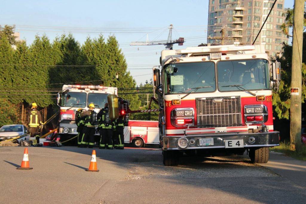Surrey firefighters attend to a house fire in Surrey just before 6 a.m. on May 21. (1st Due Media/Contributed to Peace Arch News)