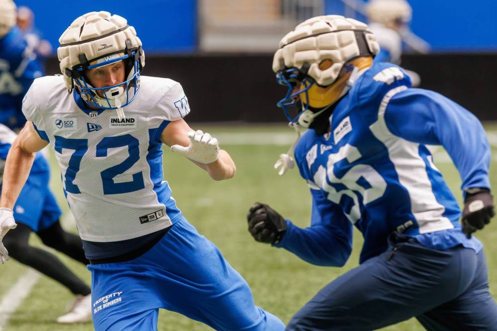 MIKE DEAL / FREE PRESS
Wide receiver Christian Fredericksen (left) said training camp with the Winnipeg Blue Bombers is ‘like a dream come true.’