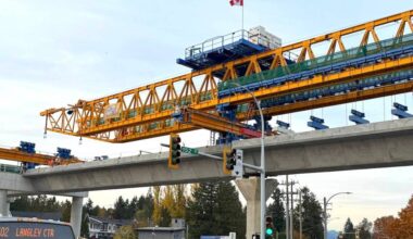 The &ldquo;Surrey Sprinter&rdquo; launching gantry (crane) builds the new Surrey Langley SkyTrain line at the corner of 152 Street and Fraser Highway in Surrey on Nov. 4, 2025. (Tom Zillich photo)