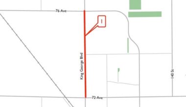 Area on King George Boulevard where &ldquo;early work&rdquo; in preparation for Bus Rapid Transit will commence in June if Surrey council approves contract on Monday. (Map: surrey.ca)
