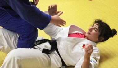 Samantha Crowther, left, trains with Alicia Fiandor at the Nanaimo Judo Club on May 21. Both took part in the recent 2026 Canadian Open National Judo Championships in Calgary from May 14-17. (Karl Yu/News Bulletin)