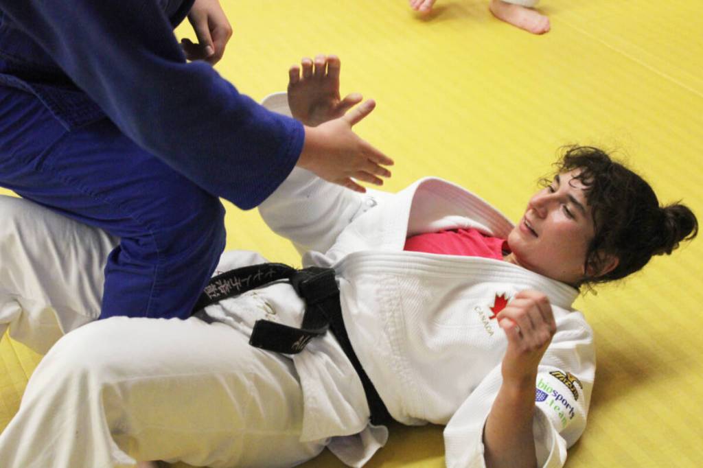Samantha Crowther, left, trains with Alicia Fiandor at the Nanaimo Judo Club on May 21. Both took part in the recent 2026 Canadian Open National Judo Championships in Calgary from May 14-17. (Karl Yu/News Bulletin)