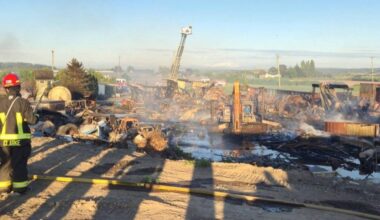 Firefighters were called to the 5200-block of 104th Street in East Delta on Thursday, May 21 for a large barn fire that destroyed the structure as well as thousands of dollars worth of equipment used by popular local food truck and catering company Porkmafia. (Jamie Leighton/Porkmafia.ca/Facebook photo)