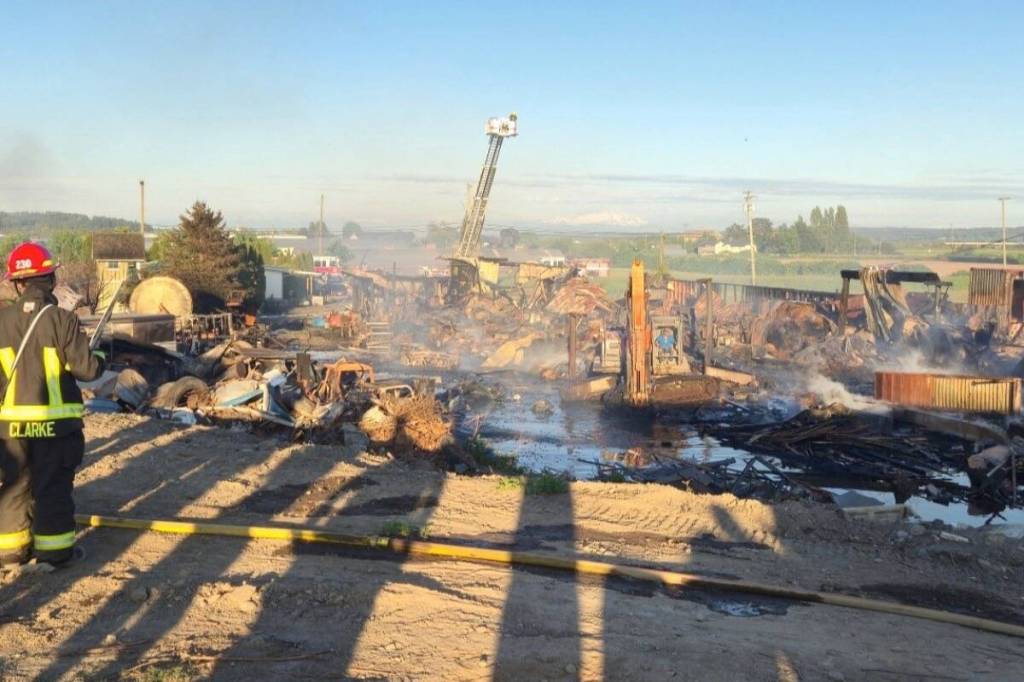 Firefighters were called to the 5200-block of 104th Street in East Delta on Thursday, May 21 for a large barn fire that destroyed the structure as well as thousands of dollars worth of equipment used by popular local food truck and catering company Porkmafia. (Jamie Leighton/Porkmafia.ca/Facebook photo)