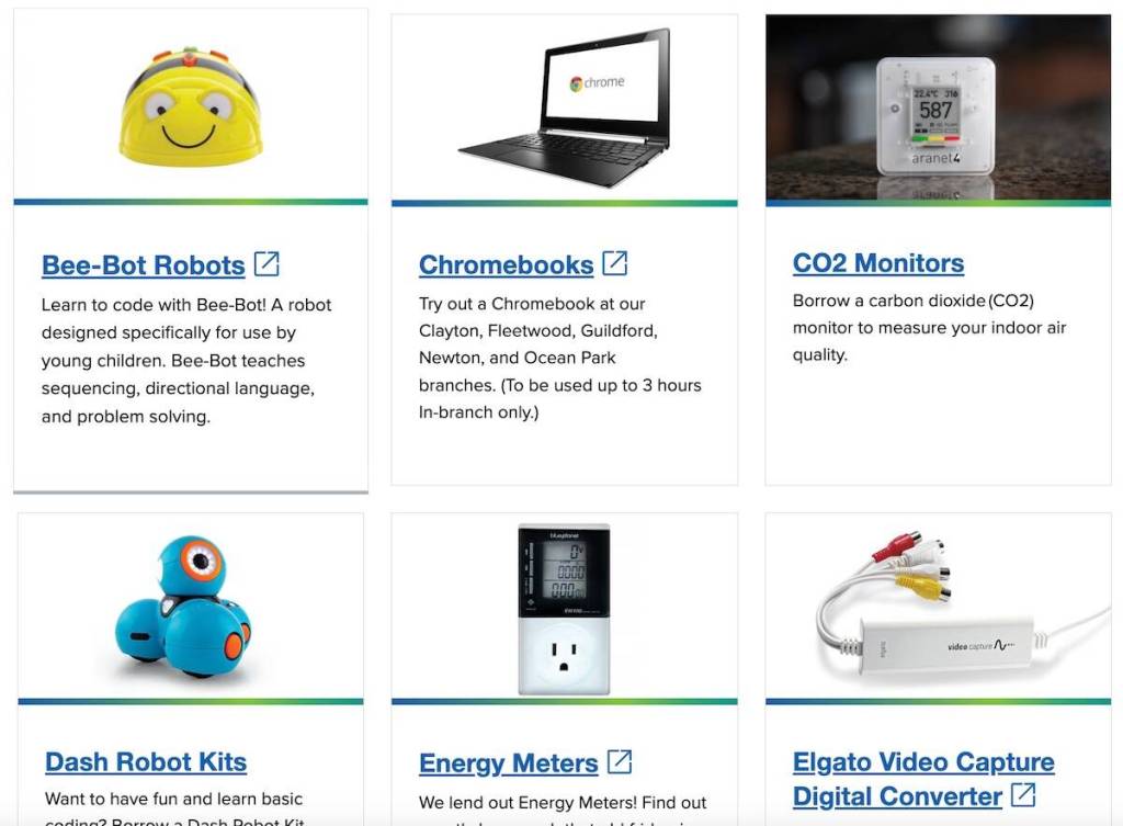 Some of the items in Surrey Libraries&rsquo; Tech to Go collection. (website screenshot)