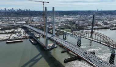 An aerial view of the stal̕əw̓asəm Bridge looking south on April 6, 2026. (B.C. Ministry of Transportation)