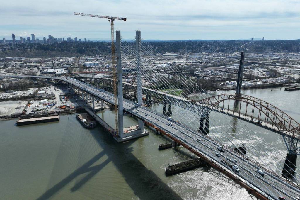 An aerial view of the stal̕əw̓asəm Bridge looking south on April 6, 2026. (B.C. Ministry of Transportation)