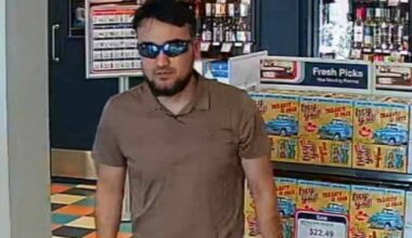 Police are asking for the public&rsquo;s help to identify this man, who allegedly spat on a Langford liquor store employee on May 4 after refusing to show identification. (Photo courtesy of Greater Victoria Crime Stoppers).