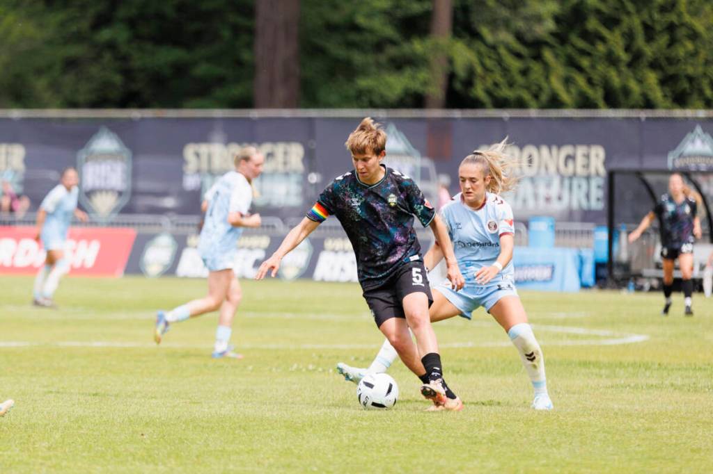 Quinn (5) scored the second goal of the match during a penalty. The Rise FC defeated AFC Toronto 2-1 on Saturday, May 23, 2026, at Swangard Stadium in Burnaby. (Anna Burns/ Surrey Now-Leader)
