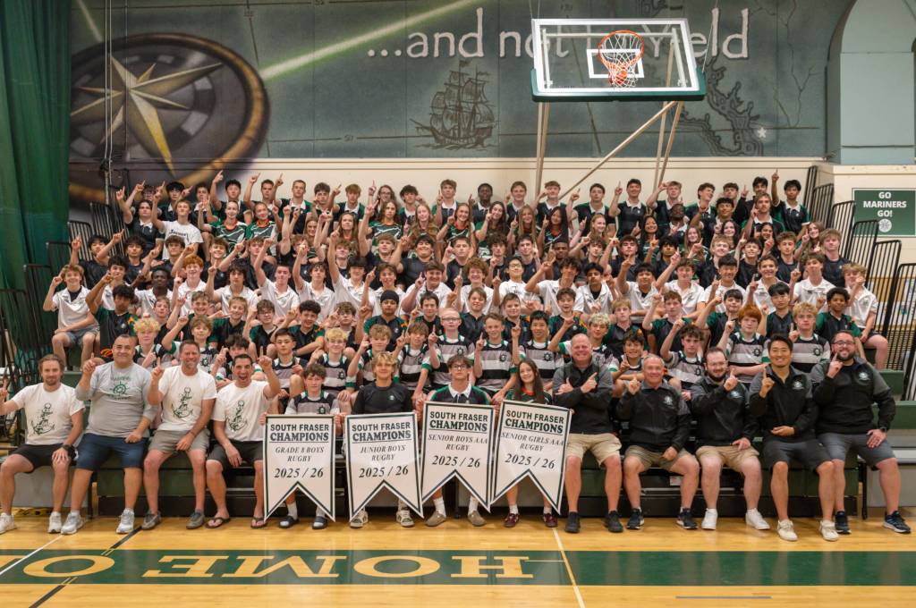All four Earl Marriott Secondary rugby teams &mdash; Grade 8 boys, junior boys, senior boys and senior girls &mdash; have won South Fraser championships, bringing the regional banners back to their South Surrey school prior to provincials, which happen May 27-30 for most teams. The junior boys rugby squad just won at provincials, adding a B.C. banner as well. (Contributed to Peace Arch News)