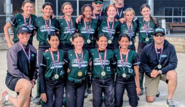 The South Surrey White Rock Minor Softball Association&rsquo;s Thunder 2013A team with their medals after winning the White Rock Renegades Pride and Power Tournament over the May long weekend (May 16-18) at Softball City. (Contributed to Peace Arch News)