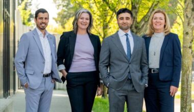 Delta First mayoral candidate Melissa Granum (second from left) and her running mates (from left) Jat Puri, Alex Fischer and Tammy Hansen are calling for an independent public review of the North Shore Wastewater Treatment Plant cost overruns before this fall&rsquo;s municipal election. (Delta First/submitted photo)