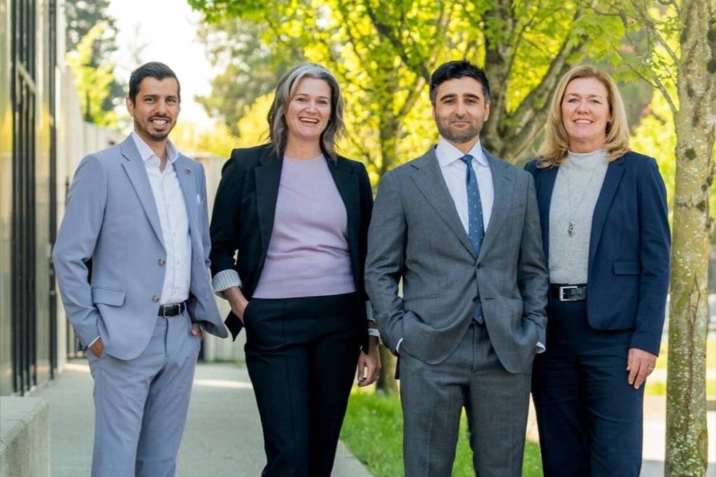 Delta First mayoral candidate Melissa Granum (second from left) and her running mates (from left) Jat Puri, Alex Fischer and Tammy Hansen are calling for an independent public review of the North Shore Wastewater Treatment Plant cost overruns before this fall&rsquo;s municipal election. (Delta First/submitted photo)
