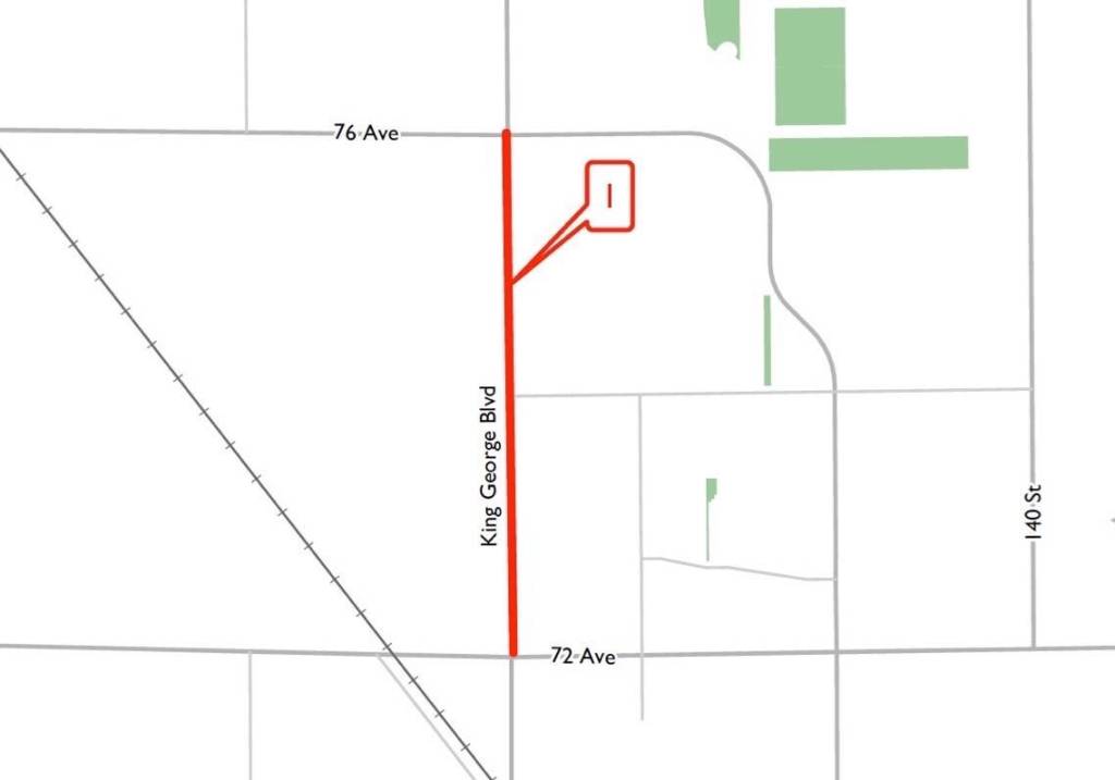 Area on King George Boulevard where &ldquo;early work&rdquo; in preparation for Bus Rapid Transit will commence in June. (Map: surrey.ca)