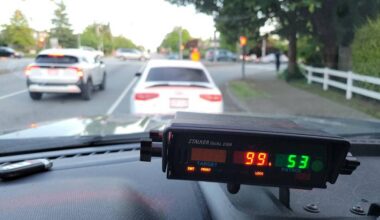 Langley RCMP released this photo showing the radar reading after an Audi S4 was pulled over for excessive speed in Walnut Grove on Friday, May 22. (Langley RCMP)