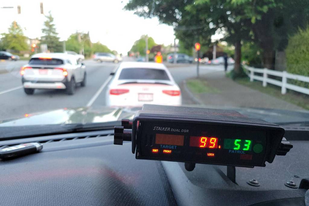 Langley RCMP released this photo showing the radar reading after an Audi S4 was pulled over for excessive speed in Walnut Grove on Friday, May 22. (Langley RCMP)
