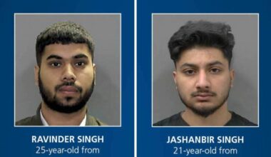 Ravinder Singh, 25, is charged with two counts of Conspiracy to commit an Indictable Offence of discharging a firearm, and Jashanbir Singh, 21, has been charged with assault and extortion. (Peel Regional Police)