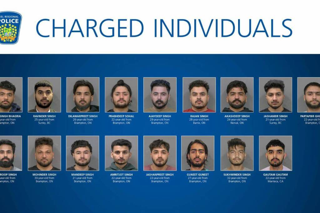 The 17 men who have been arrested and charged by police in Ontario for extortion-related violence. (Peel Regional Police)