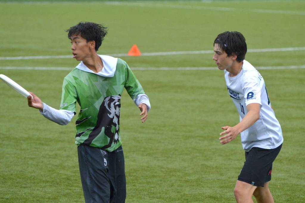 Surrey&rsquo;s Guildford Park Sabres (in green) play Vancouver&rsquo;s Eric Hamber squad in a semifinal at BC School Sports&rsquo; 2026 ultimate championships at Newton Athletic Park in Surrey on Tuesday, May 26. (Tom Zillich/Surrey Now-Leader)