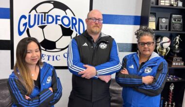 Guildford Athletic Club&rsquo;s Jennifer Woodley (left), Lance Thompson and Manjit Basra at the soccer clubhouse at Hjorth Road Park in Surrey on May 26, 2026. (Tom Zillich/Surrey Now-Leader)