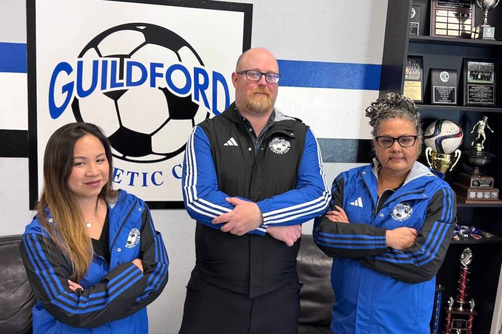 Guildford Athletic Club&rsquo;s Jennifer Woodley (left), Lance Thompson and Manjit Basra at the soccer clubhouse at Hjorth Road Park in Surrey on May 26, 2026. (Tom Zillich/Surrey Now-Leader)