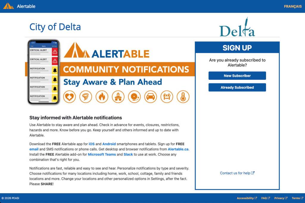 The City of Delta launched a new public alert system on Tuesday, May 26, designed to provide residents, businesses and visitors with timely information during emergencies and critical incidents. (alertable.ca screenshot)