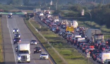 Wednesday morning (May 27) commuters experienced delays after a vehicle incident snarled northbound Highway 99 traffic north of King George Boulevard near the Serpentine River Bridge. (Drive BC photo/X)