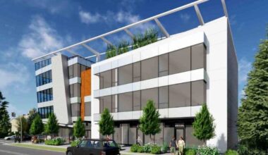 Artist&rsquo;s rendering of a four-storey building to contain a childcare centre for up to 77 children and 11 staffers at the southeast corner of Scott Road and 96 Avenue. (Image surrey.ca)