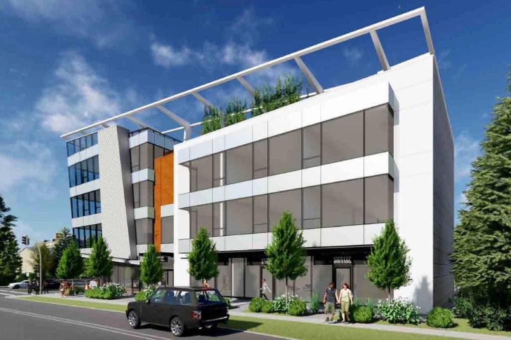 Artist&rsquo;s rendering of a four-storey building to contain a childcare centre for up to 77 children and 11 staffers at the southeast corner of Scott Road and 96 Avenue. (Image surrey.ca)