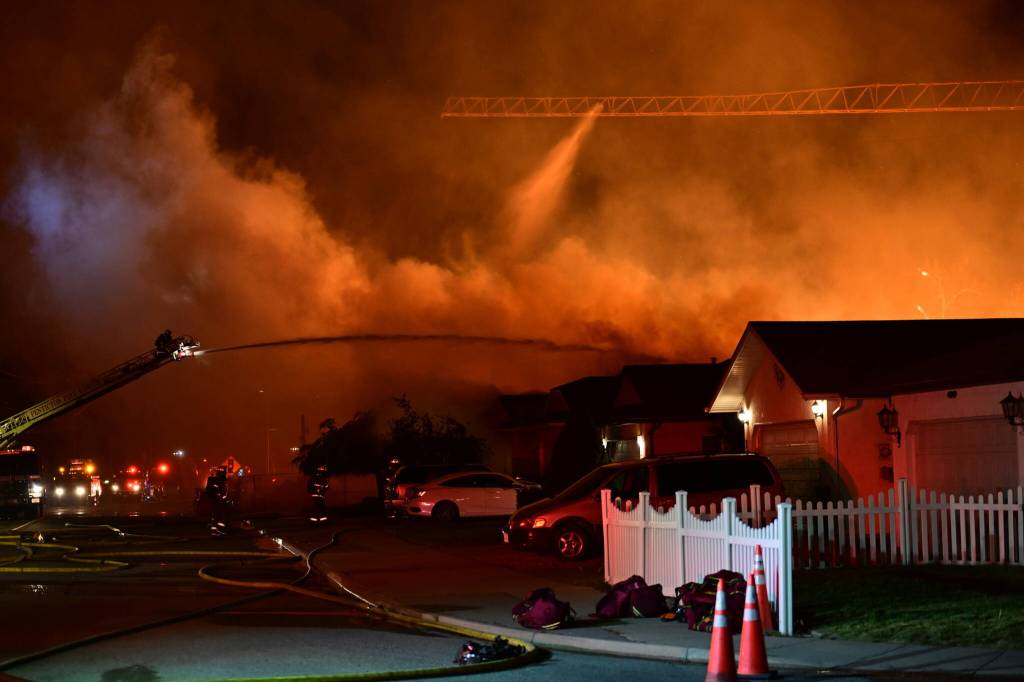 A fire breaks out at Green Avenue and Channel Parkway in Penticton on May 27. (Brennan Phillips/Western News)