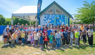 T.E. Scott Elementary students and teachers in front of a new community mural they created at T.E. Scott Park alongside Surrey Mayor Brenda Locke, city councillors and school trustees on May 27, 2026. (Contributed to Surrey Now-Leader)