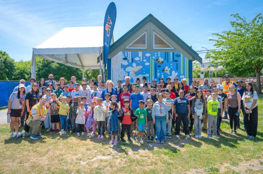 T.E. Scott Elementary students and teachers in front of a new community mural they created at T.E. Scott Park alongside Surrey Mayor Brenda Locke, city councillors and school trustees on May 27, 2026. (Contributed to Surrey Now-Leader)