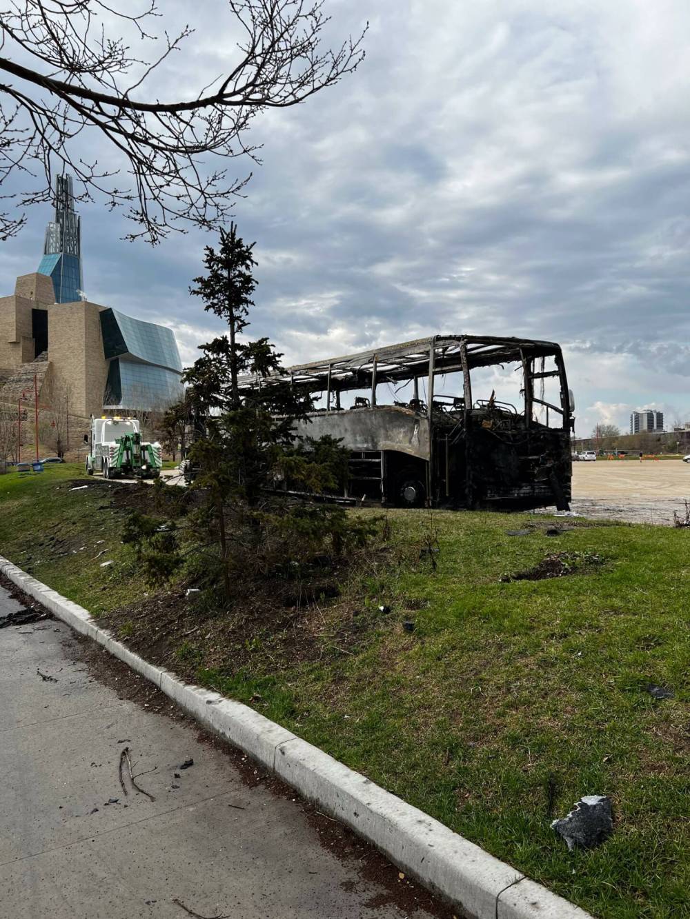 The blaze destroyed the 56-seat bus, which was parked in a lot directly south of Blue Cross Park. (Diljot Garcha photo)