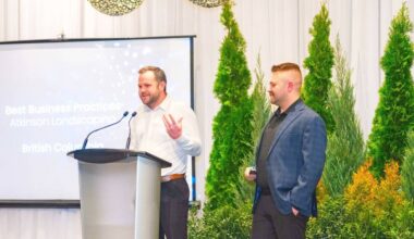 Dave Endacott (left) and Matt Atkinson, co-owners of Atkinson Landscaping, accept a national business award earlier this year in Toronto. The company said the win offered a chance to reflect on their last decade-plus in business. (Photo submitted to Cloverdale Reporter/Atkinson Landscaping)