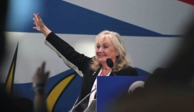 The new B.C. Conservative Leader Kerry-Lynne Findlay takes the stage at the Rocky Mountaineer Station in Vancouver on Saturday, May 30, 2026. (Lauren Collins/Black Press Media)