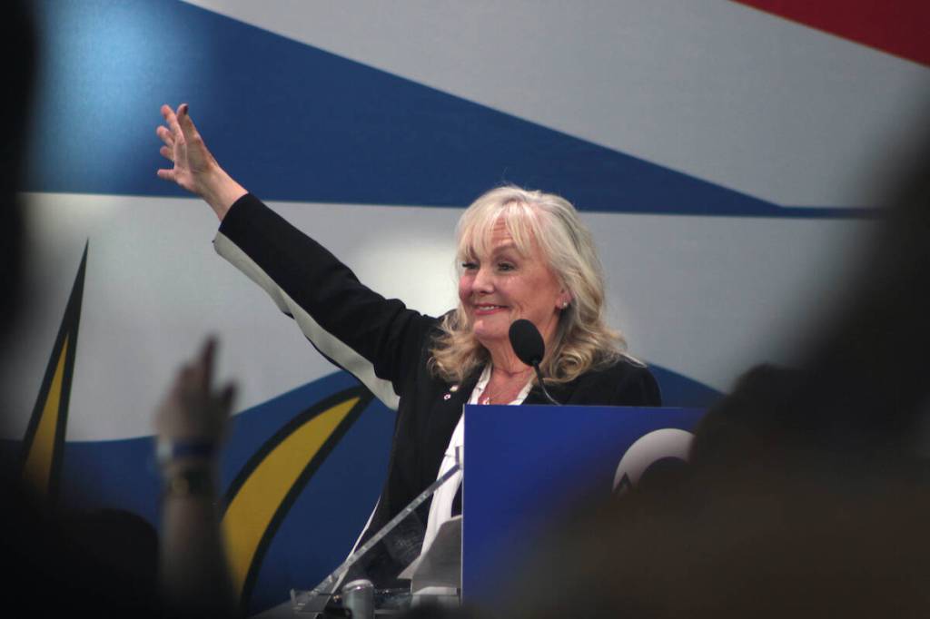 The new B.C. Conservative Leader Kerry-Lynne Findlay takes the stage at the Rocky Mountaineer Station in Vancouver on Saturday, May 30, 2026. (Lauren Collins/Black Press Media)