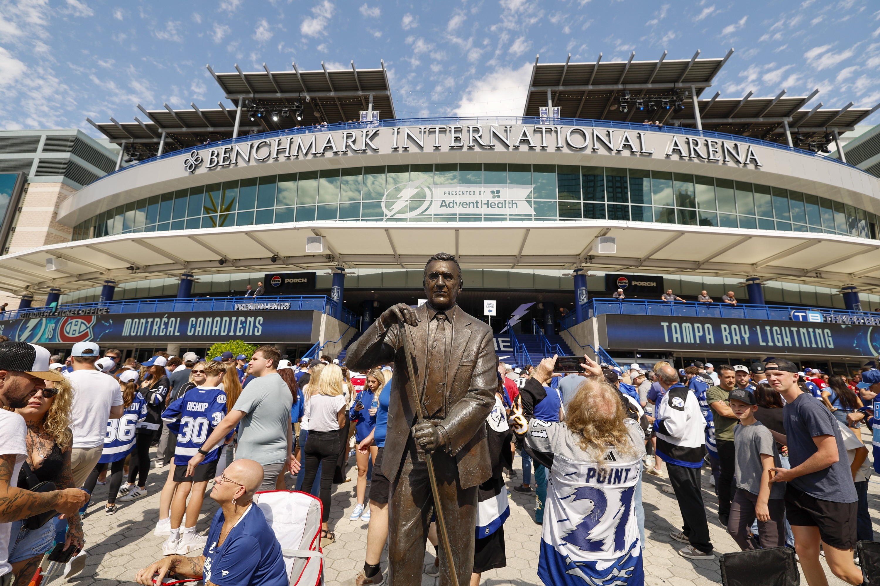 Fans enter Benchmark International Arena ahead of Game 7 of Round 1 of the Stanley Cup playoffs between the Tampa Bay Lightning and the Montreal Canadiens 