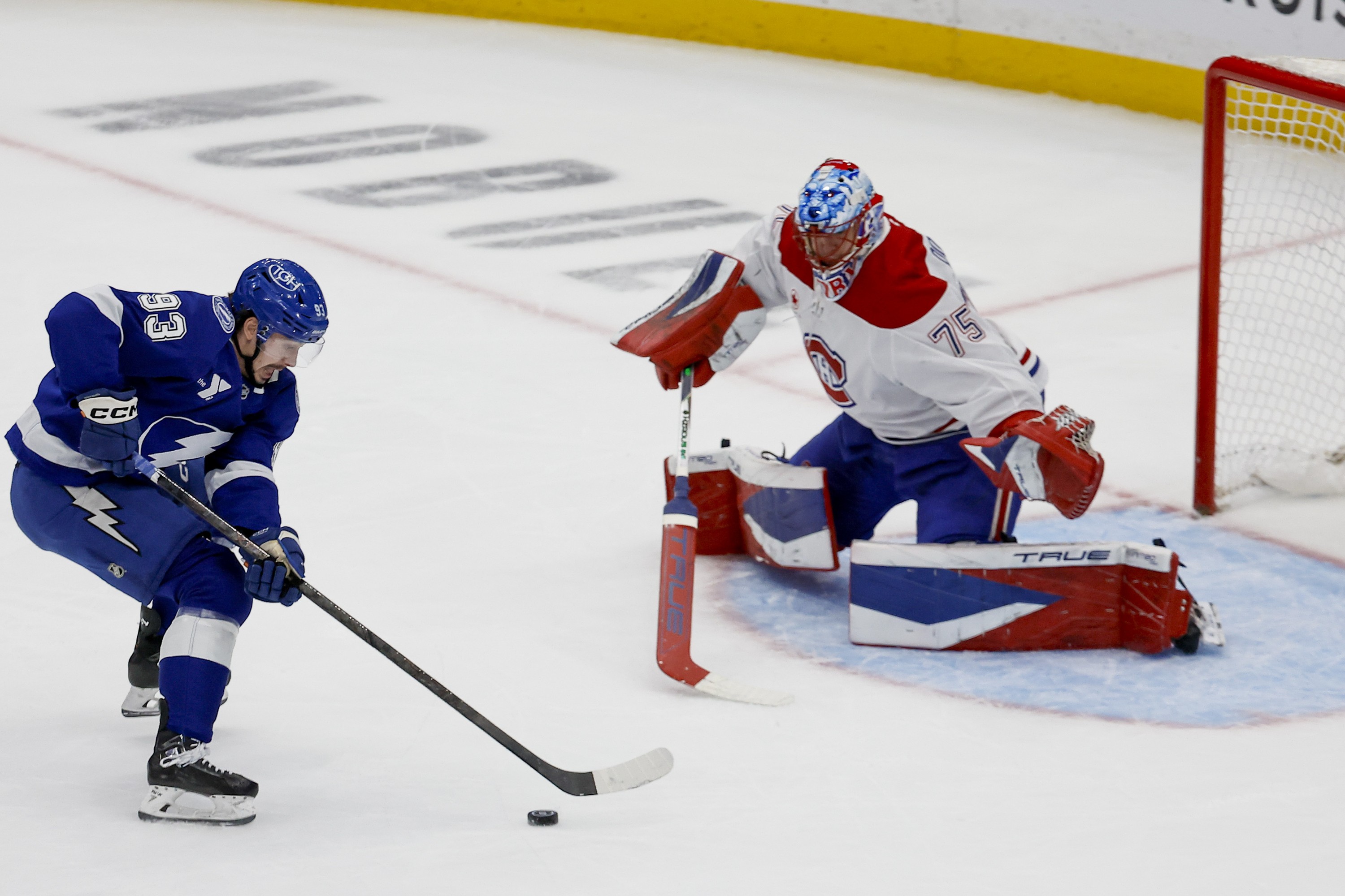 Tampa Bay Lightning centre Gage Goncalves tries to score on Montreal Canadiens goaltender Jakub Dobes
