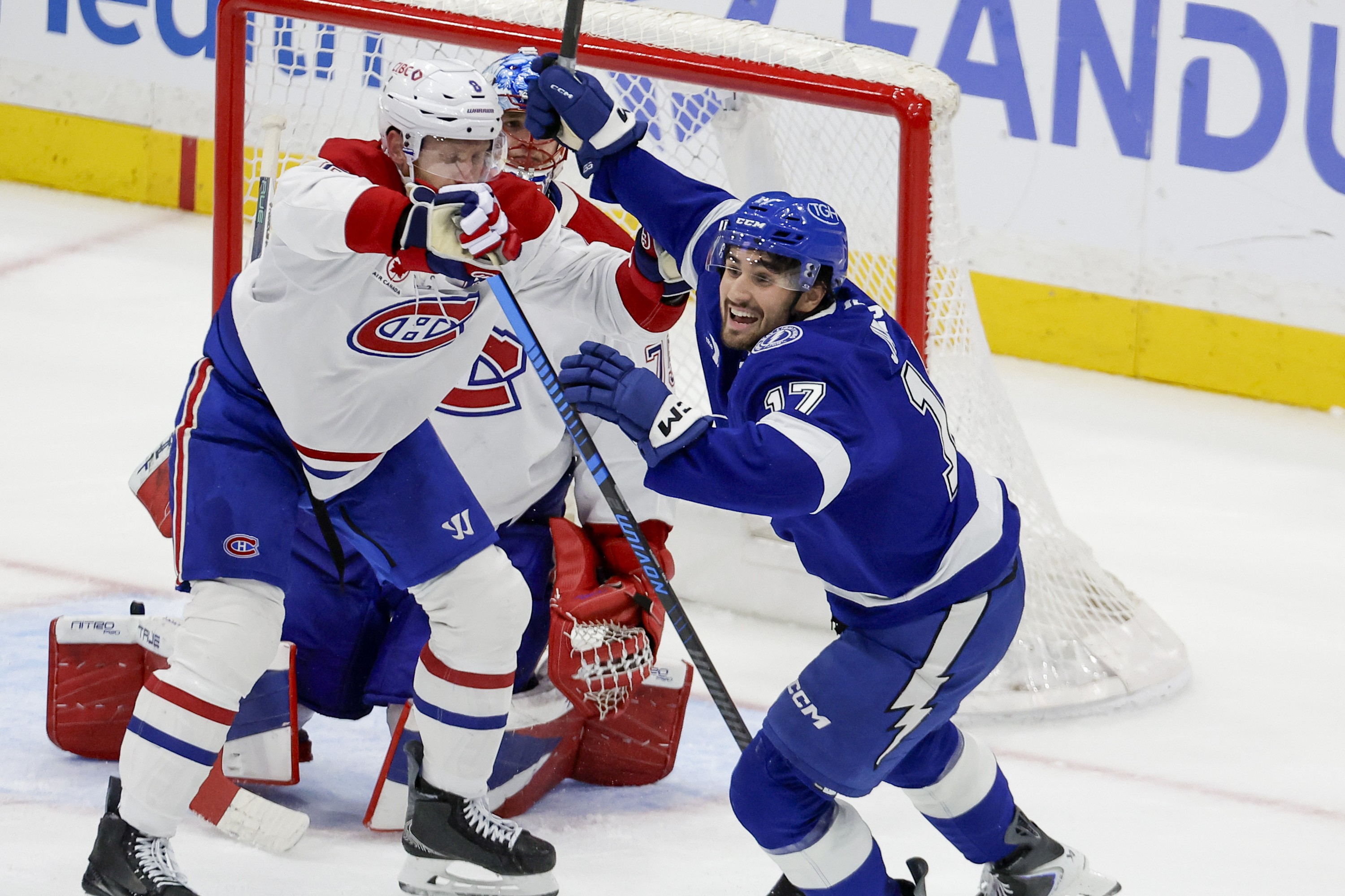 Tampa Bay Lightning centre Dominic James celebrates after his goal against Montreal Canadiens goaltender Jakub Dobes