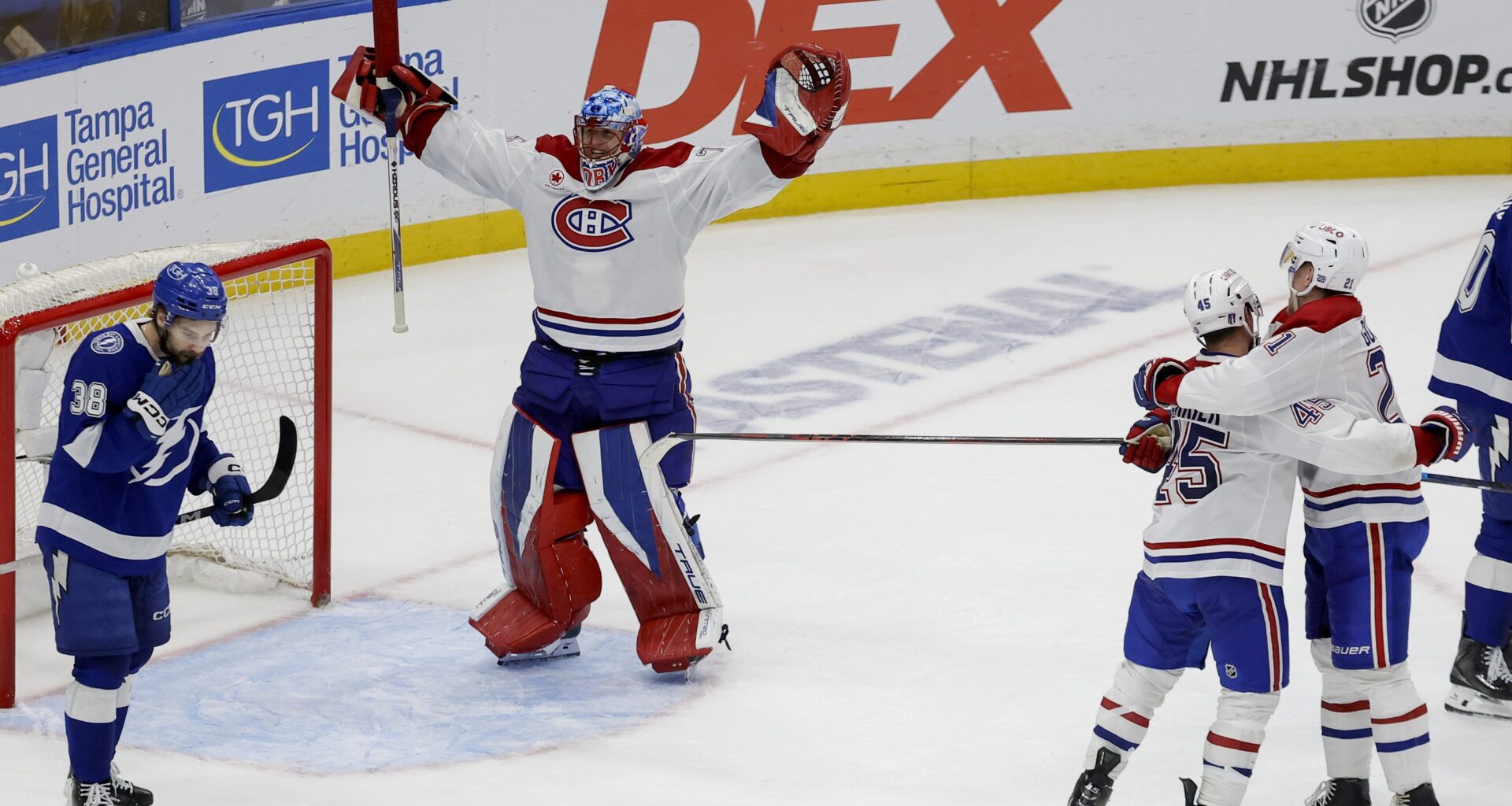 Montreal Canadiens goaltender Jakub Dobes celebrates a win