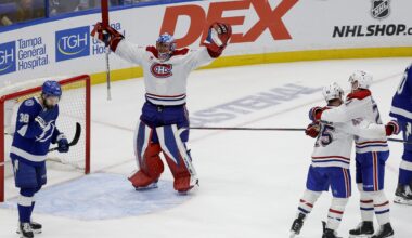 Montreal Canadiens goaltender Jakub Dobes celebrates a win