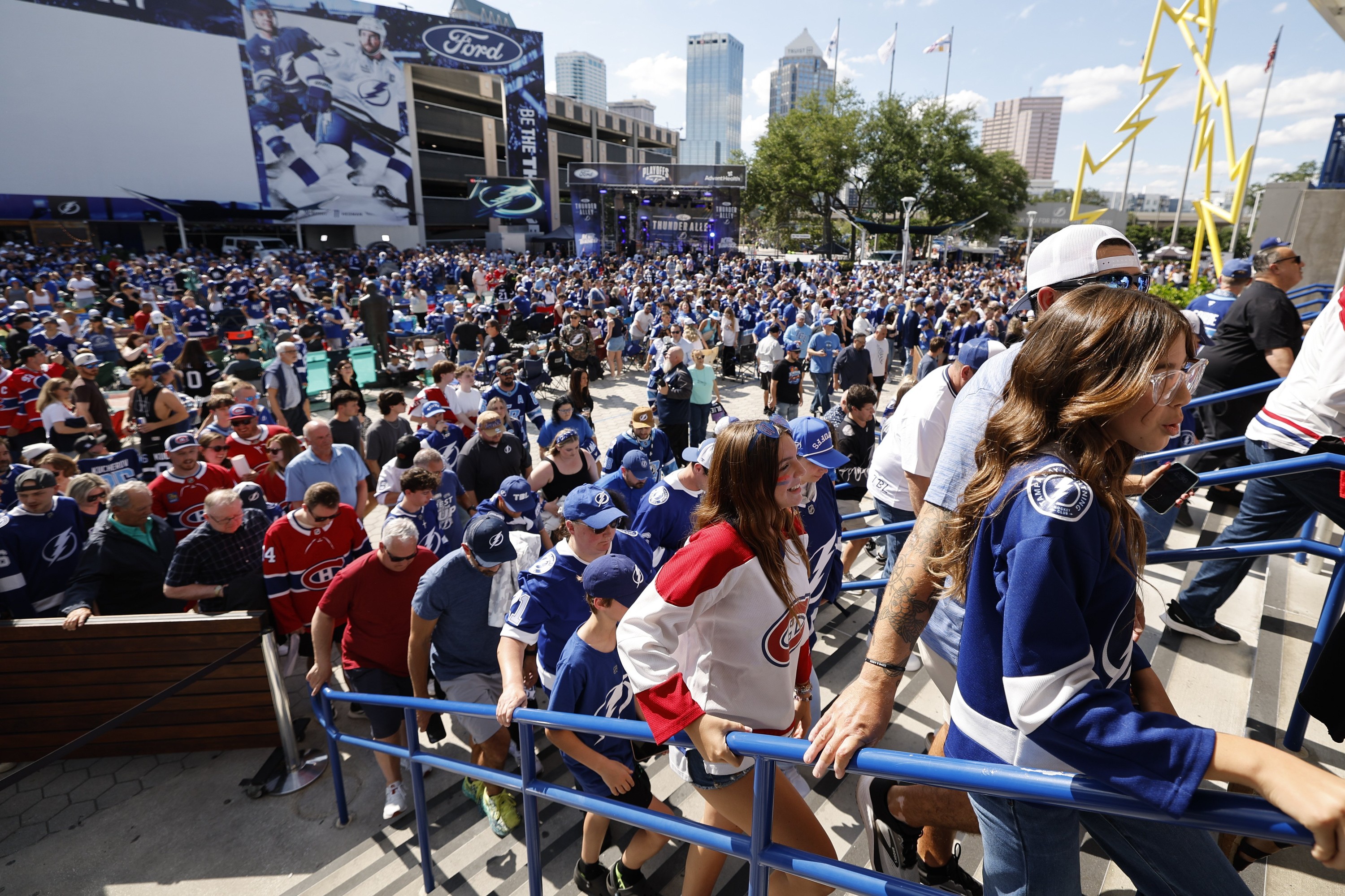 Fans enter Benchmark International Arena ahead of Game 7 of Round 1 of the Stanley Cup playoffs between the Tampa Bay Lightning and the Montreal Canadiens