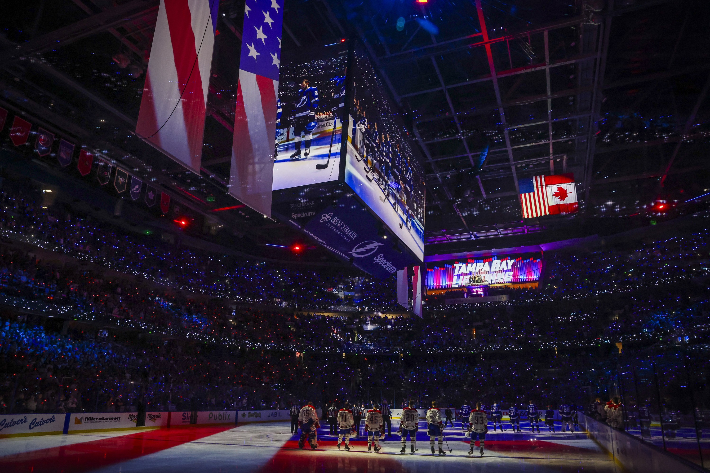 Tampa Bay Lightning and Montreal Canadiens are seen during the singing of the national anthem 