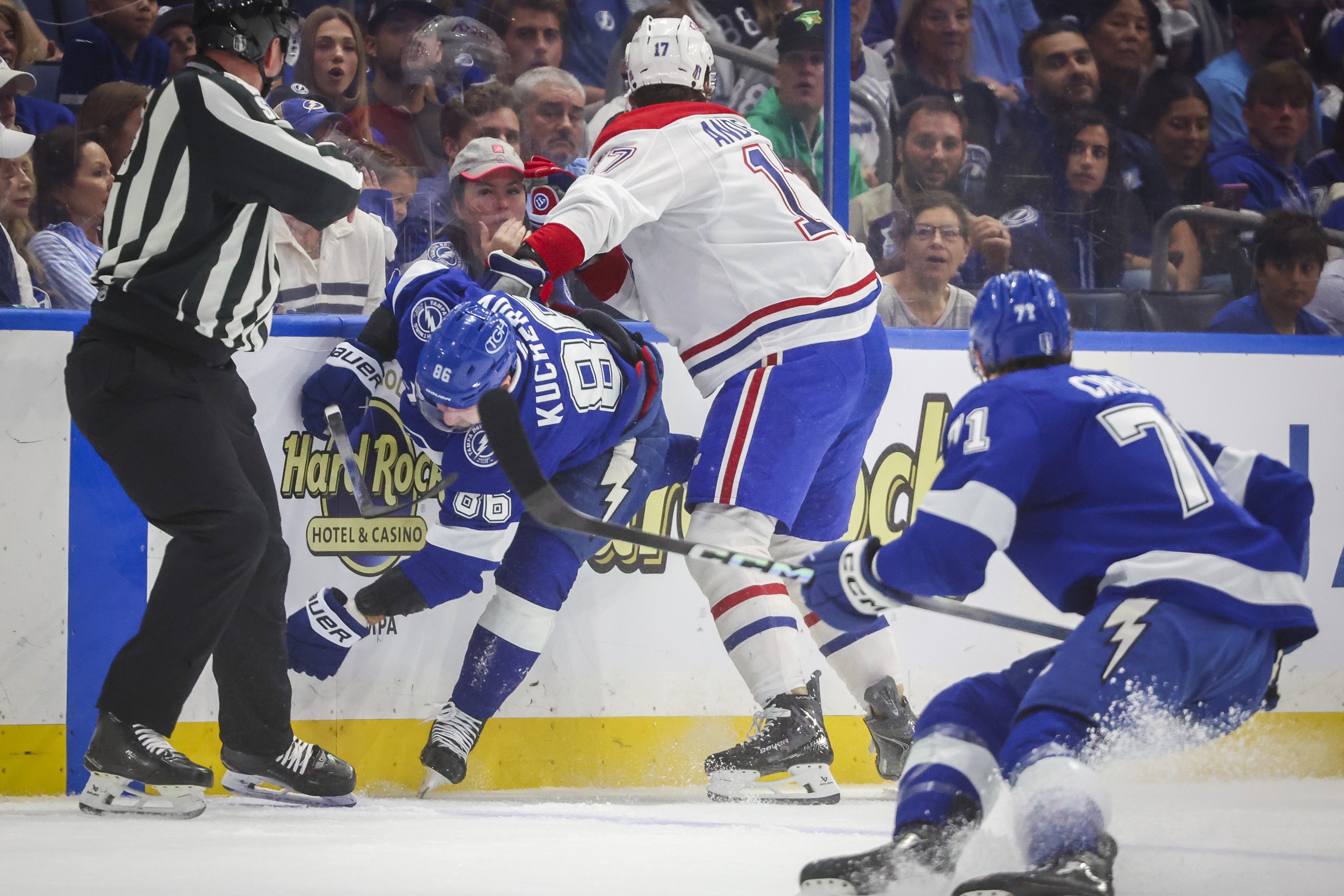 Tampa Bay Lightning right wing Nikita Kucherov is hit by Montreal Canadiens right wing Josh Anderson
