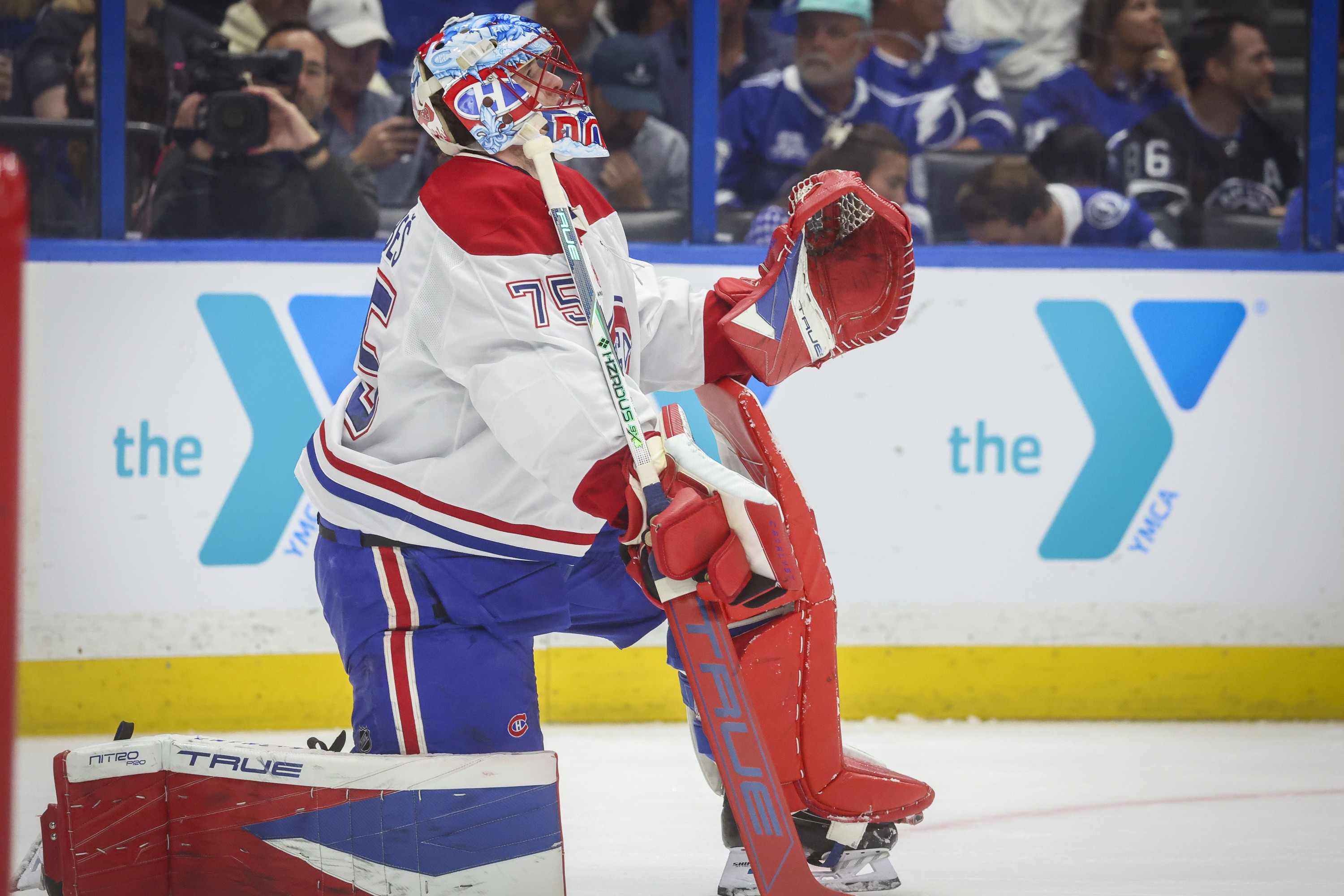 Montreal Canadiens goaltender Jakub Dobes is seen during a break in play 