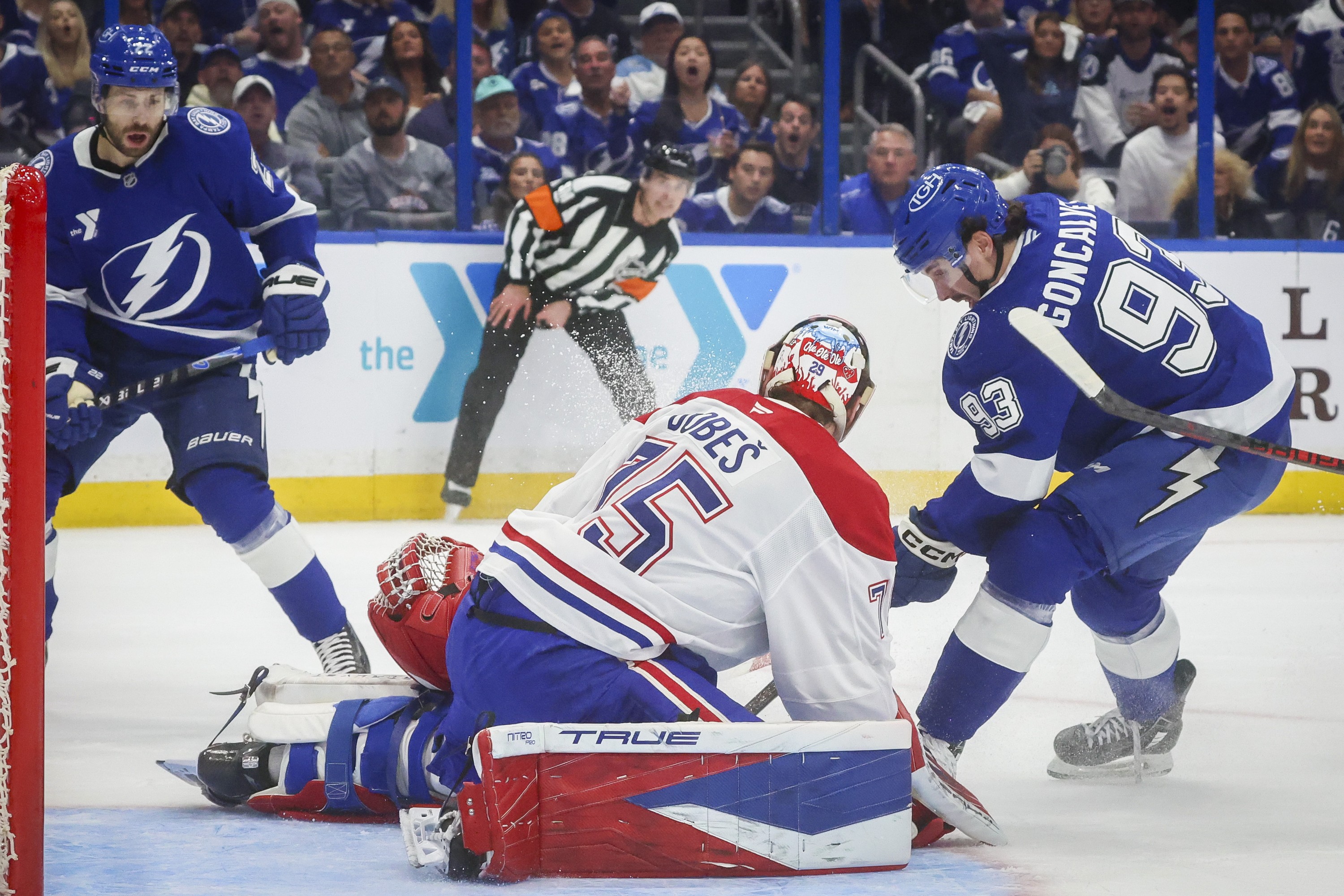 Tampa Bay Lightning centre Gage Goncalves attempts to get the puck past Montreal Canadiens goaltender Jakub Dobes