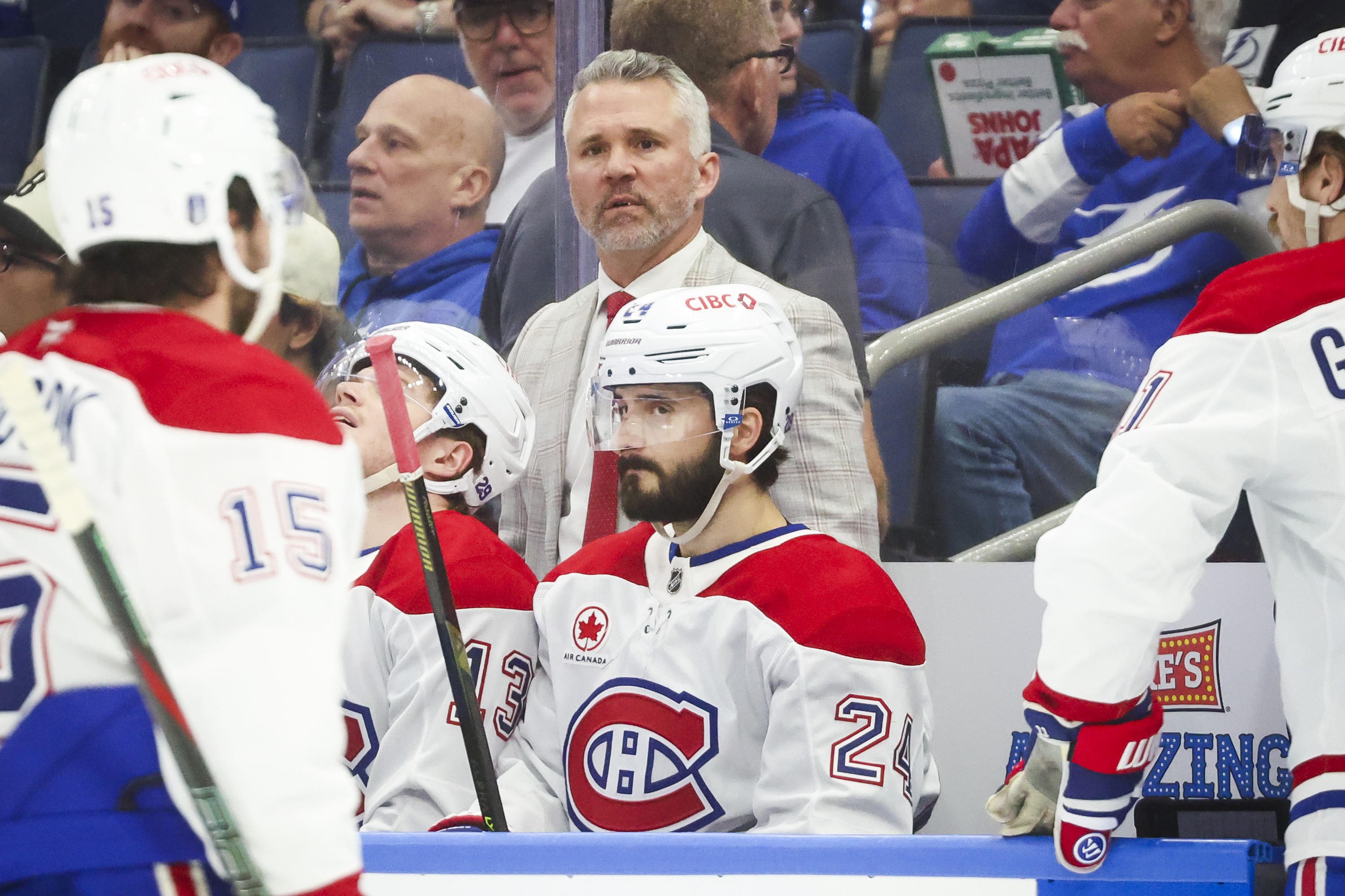 Montreal Canadiens coach Martin St. Louis is seen along the bench