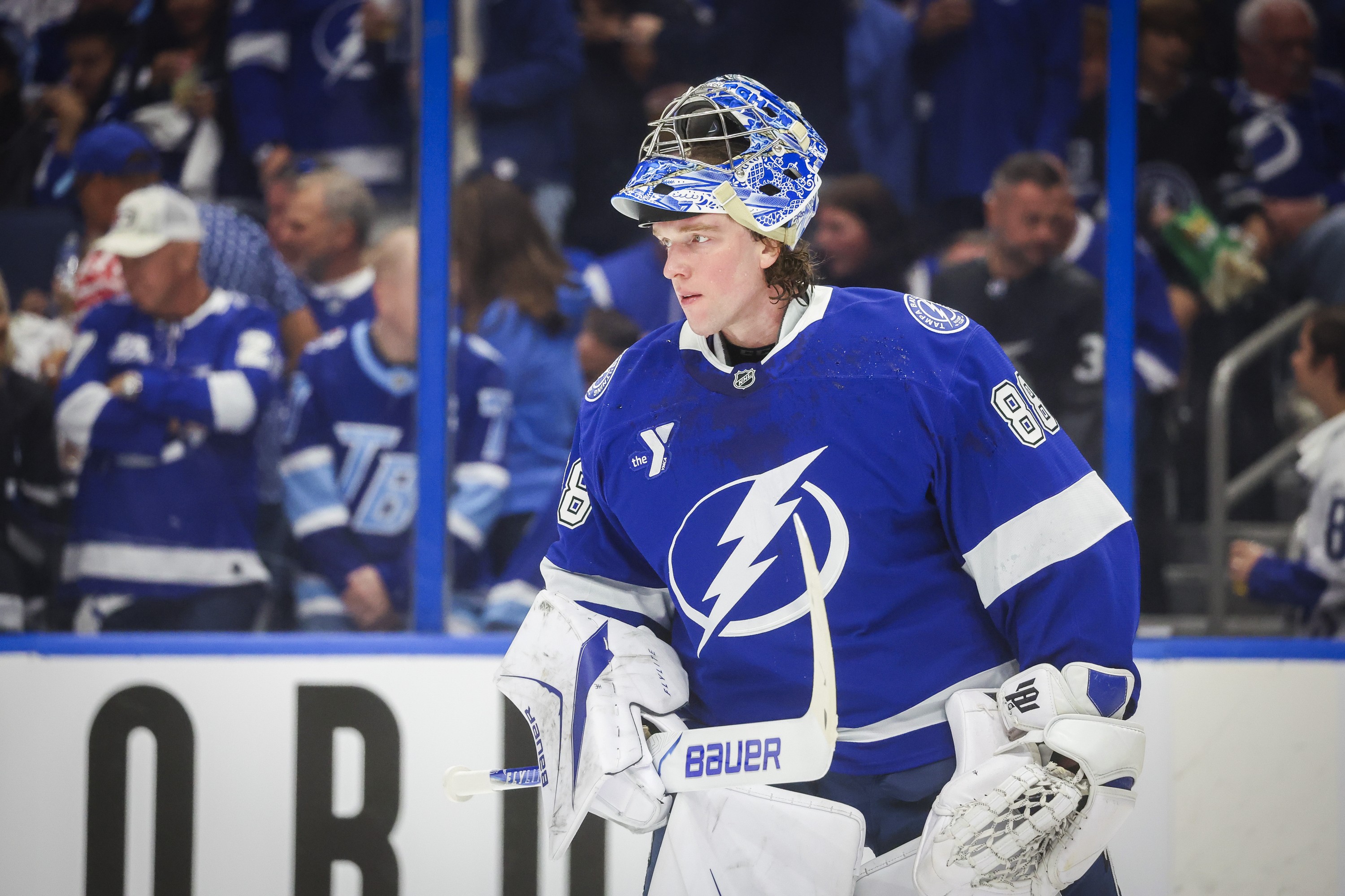 Tampa Bay Lightning goaltender Andrei Vasilevskiy is seen during a break in play