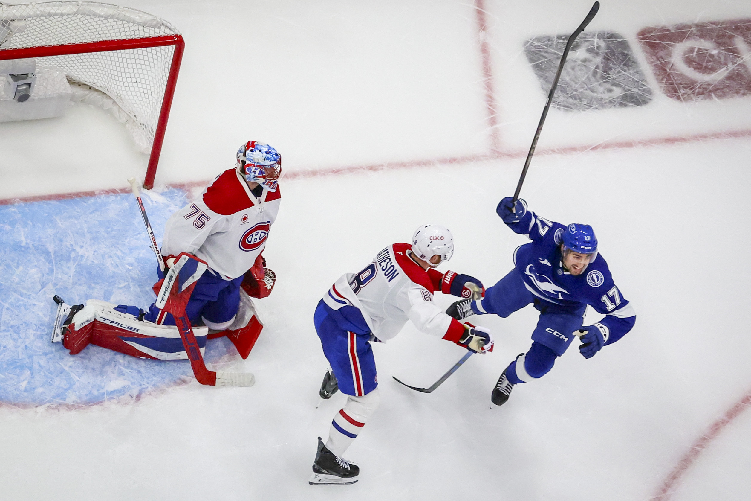 Tampa Bay Lightning centre Dominic James celebrates a goal